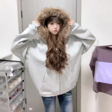 卫衣女秋冬灰色加绒加厚外套座山雕超厚毛领连帽拉链上衣北极绒冬