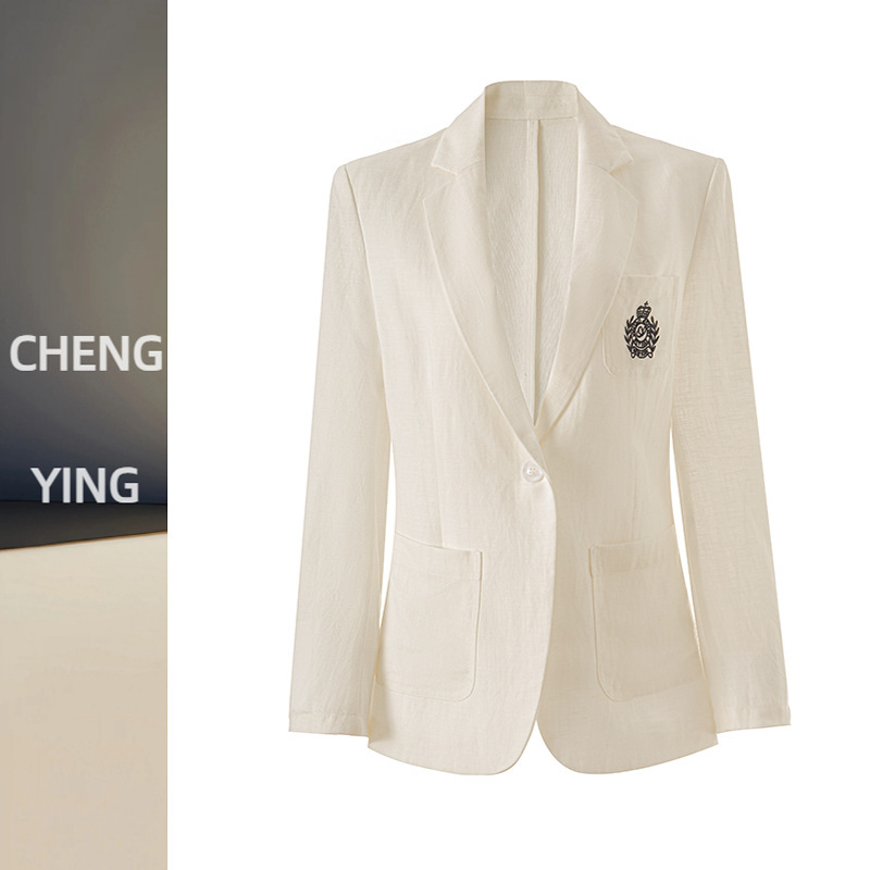 New Comfortable Spring and Summer Thin Linen Versatile Commuter Embroidered Lapel Slim-Fit Back-Slit Blazer Jacket for Women