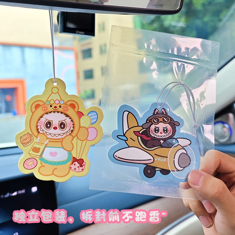 Cute Labubu Fragrance Tablets, Rearview Mirror Car Air Freshener Pendant, Car Hanging Ornament, Odor Eliminating Fragrance Card