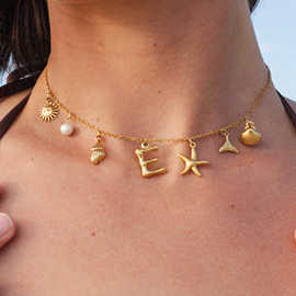 爆款海螺海星贝壳海洋系列26字母项链女 镶钻泡泡英文字母锁骨链