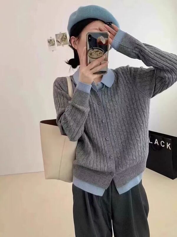 2025年秋冬新款撞色POLO领麻花假两件针织开衫女韩版时尚毛衣外套|undefined