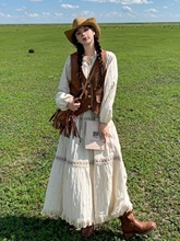 米白色法式长袖连衣裙套装女新款初秋季度假风长裙马甲两件套