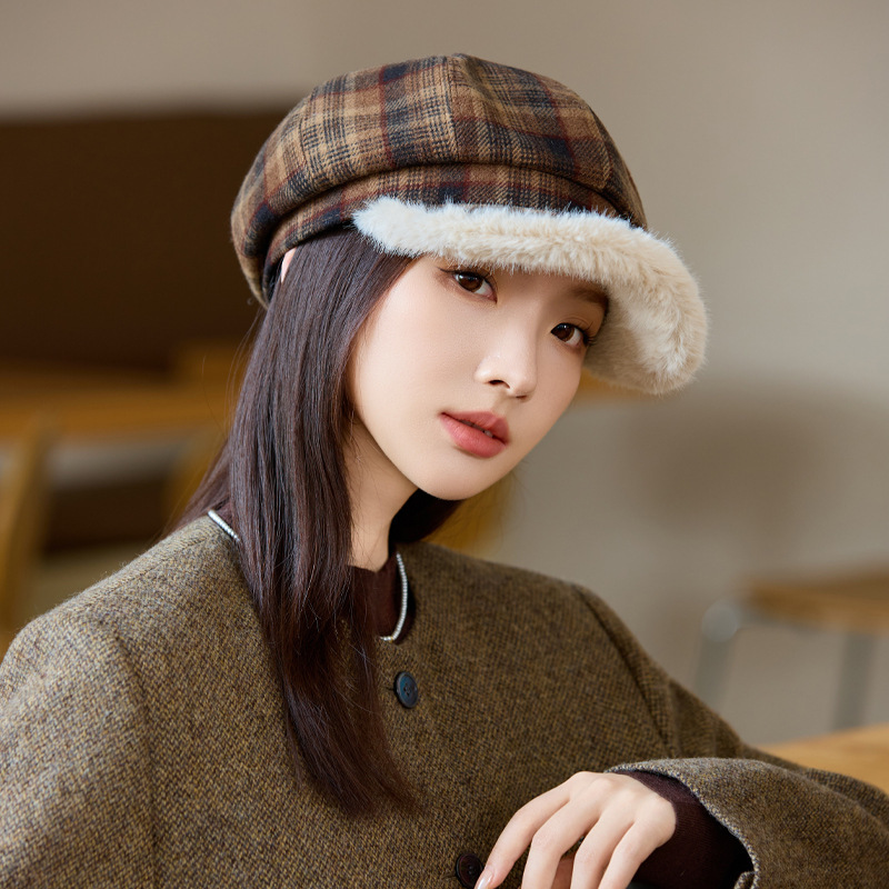 秋冬季帽子女气质复古格子条纹八角帽经典百搭毛绒保暖加厚画家帽|undefined