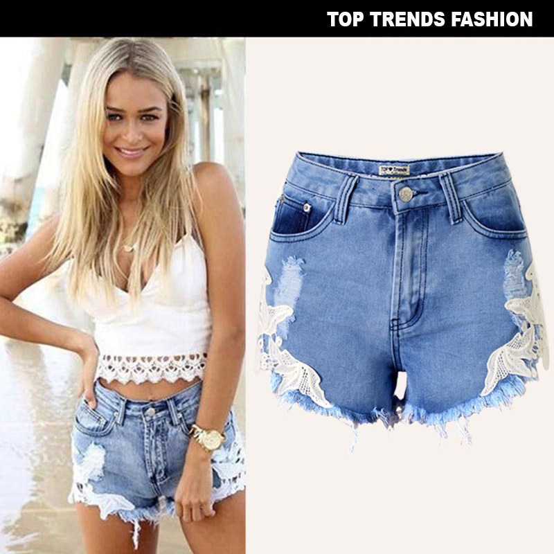 High Waist Lace Beach Holiday Bohemian Style European and American Ripped Denim Shorts Women's Hot Pants