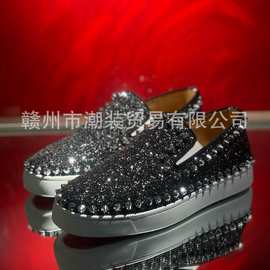 cl andgz红底鞋黑色闪粉圈银钉一脚蹬男鞋铆钉休闲女鞋情侣板鞋