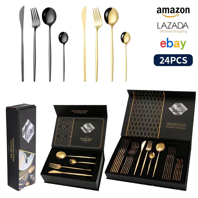 Amazon Stainless Steel Tableware Set of 24 Pieces, Portugal Household Knife, Fork, Spoon Set, Gift Box Set