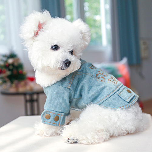 Pet clothes autumn and winter new products plus velvet thickened denim cotton coat dog and cat clothing half body warm cotton coat