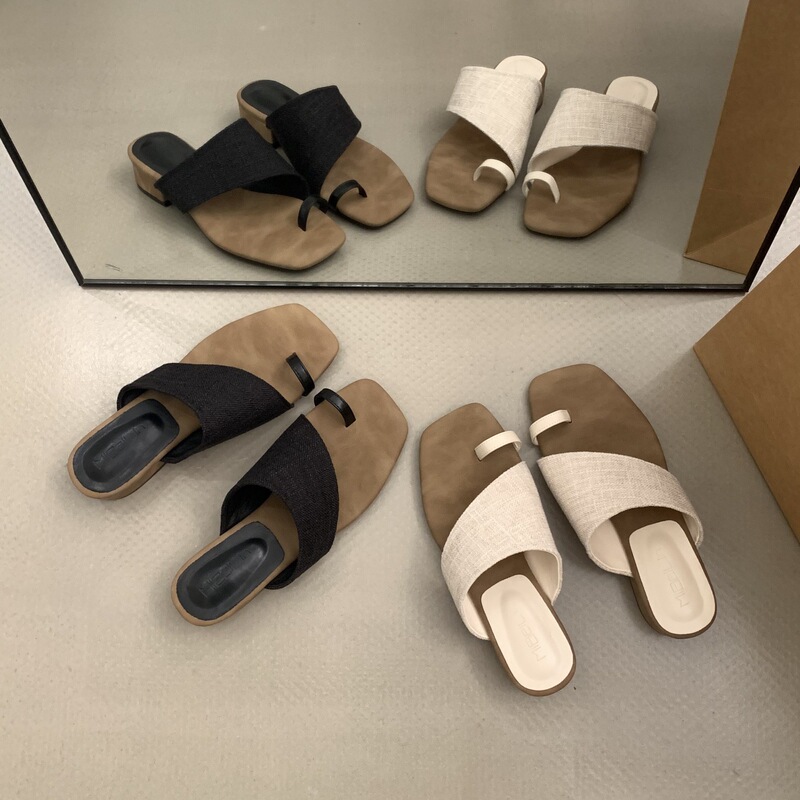 High-End Linen Thick Heel Slip-On Slippers for Women's Summer Outer Wear, Versatile and Not Tiring for Feet, 3cm Small Heel Sandals and Slippers