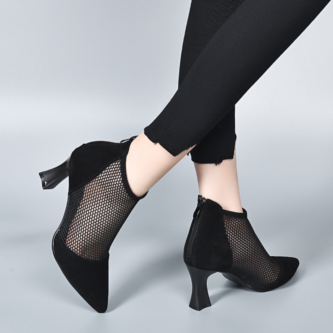 Sandal lưới khoét lỗ mũi nhọn cao gót 6,5 cm — Da cừu mờ + sợi lưới 6,5 cm Gót