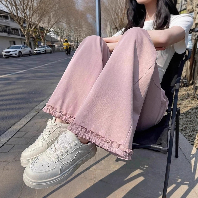 Pink High-End Ruffled Edge Design Casual Wide-Leg Pants for Women, Summer Versatile Loose Cropped Straight Pants Pink High-End Ruffled Edge Design Casual Wide-Leg Pants for Women, Summer Versatile Loose Cropped Straight Pants
