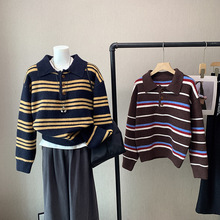 [比正]2025秋冬新款韩版女装polo领复古条纹休闲百搭套头毛衣4906
