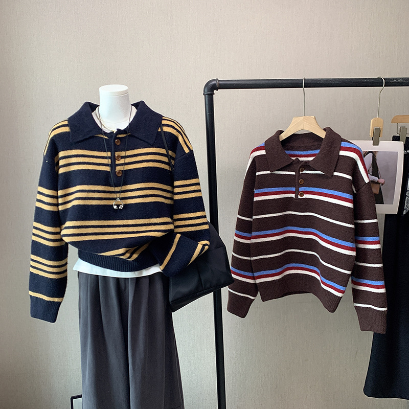 [比正]2025秋冬新款韩版女装polo领复古条纹休闲百搭套头毛衣4906