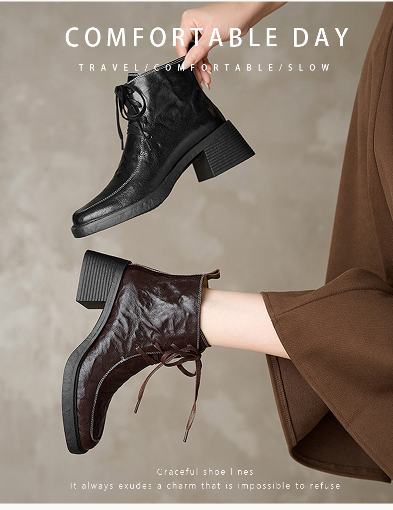 Boot nữ mũi vuông dây buộc da dê cao gót cổ ngắn lót nhung — Lớp lót nhung đen chi tiết 3