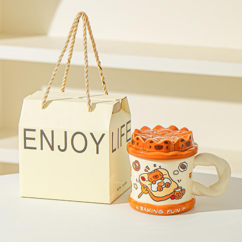 Tarta de cumpleaños pintada a mano, taza de gato, taza de cerámica de alta calidad con cubierta, taza de agua para niñas, taza de cerámica para parejas