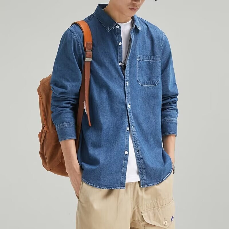 Cross-Border Men's Thin Lapel Denim Shirt, Long-Sleeved Solid Color Casual Men's Outdoor Shirt, Men's Retro Washed Shirt Cross-Border Men's Thin Lapel Denim Shirt, Long-Sleeved Solid Color Casual Men's Outdoor Shirt, Men's Retro Washed Shirt