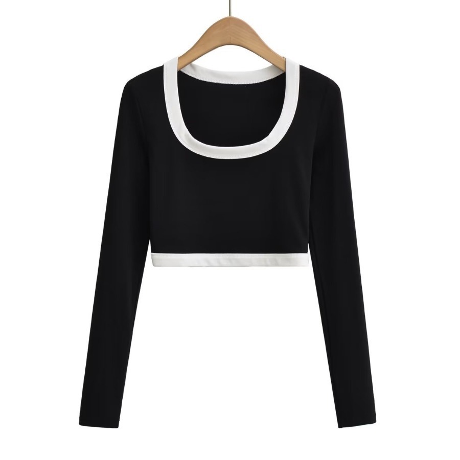 Stitching Long Sleeve Round Neck Slim Short color matching top NSXDX137508