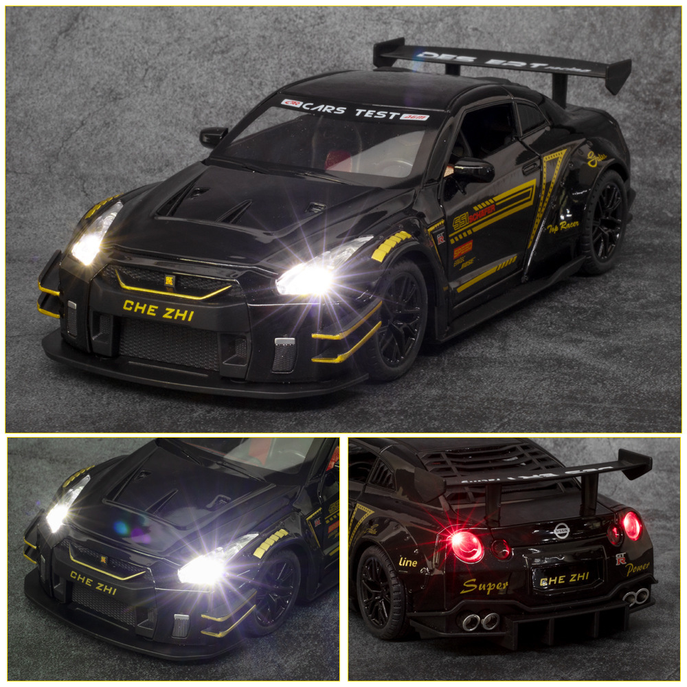 車致1:24 日產GTR聲光回力跑車兒童玩具仿真合金汽車模型收藏擺件