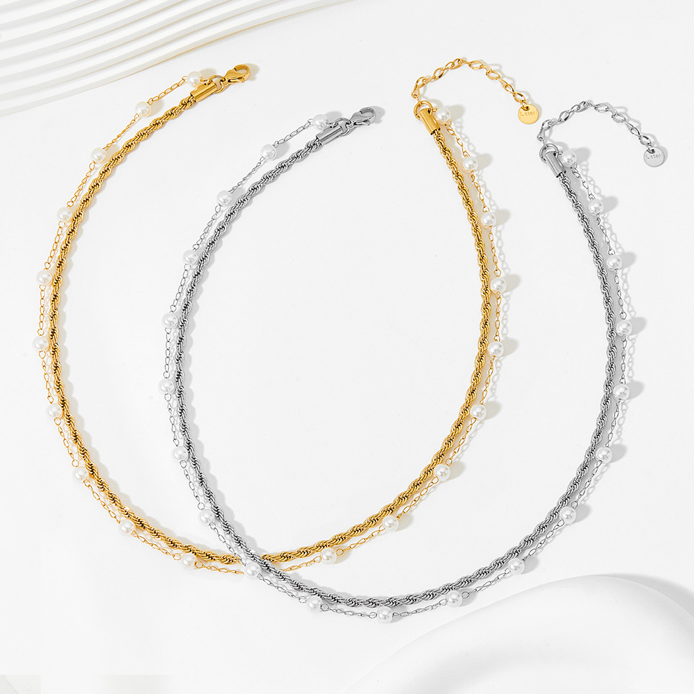 Elegant Twist Stainless Steel Inlay Artificial Pearls Necklace_colorza_2