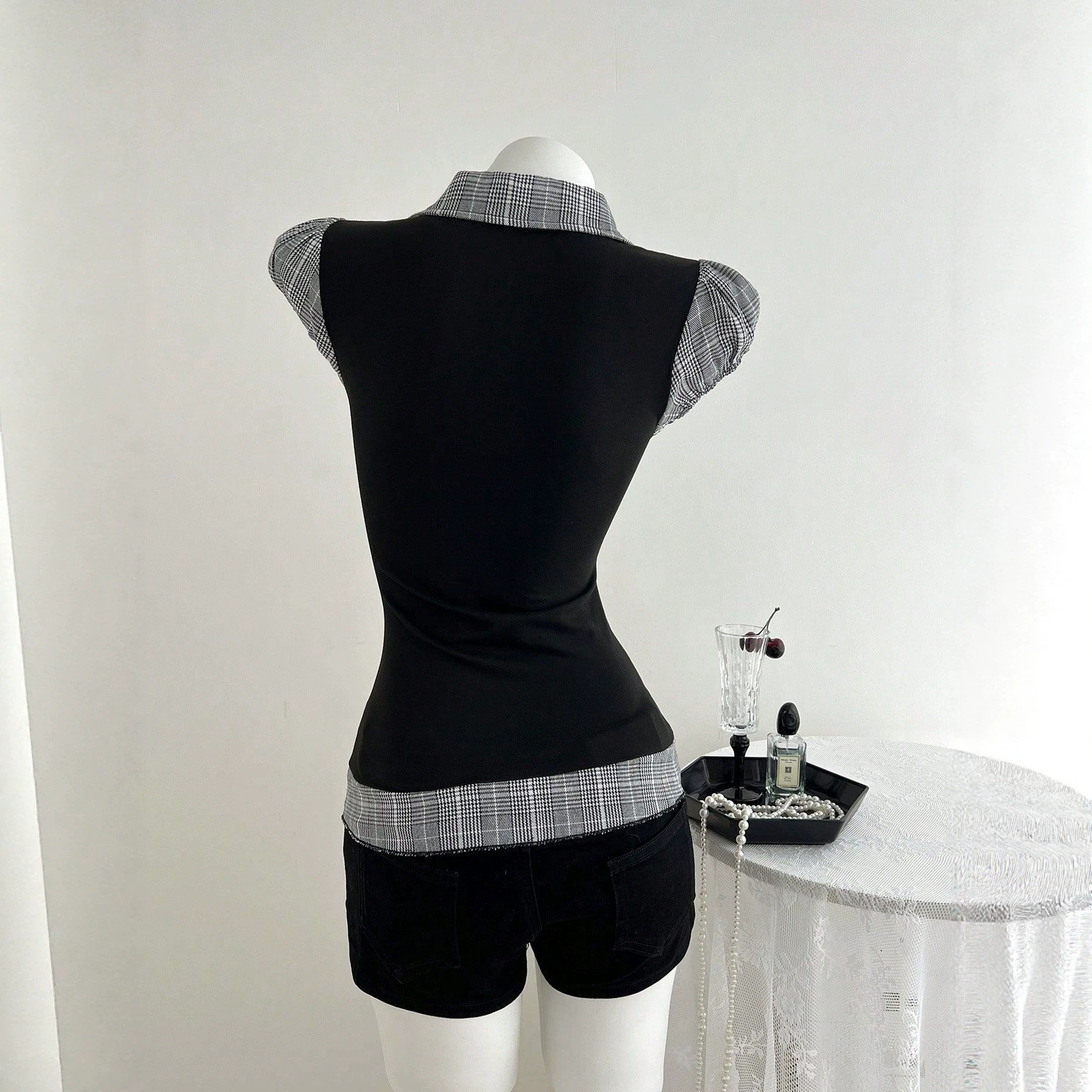 Women's Waist-Defining Plaid Contrast False Two-Layer T-Shirt - Slim Fit Casual Top With Color Block Design_ecoleips.com
