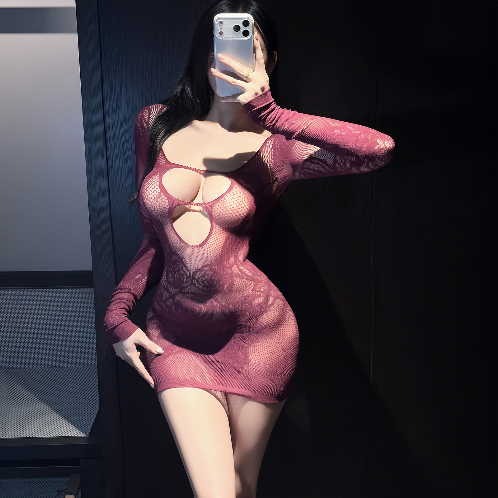 Sheer Mesh Open-Crotch Bodysuit with Stockings, No-Take-Off Design, Dark Purple — detail image 2