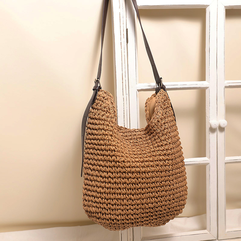 Fashion Large Capacity Straw Crossbody Bag New PU Shoulder Strap Solid Color Woven Bag for Women Beach Vacation - Thumbnail 2