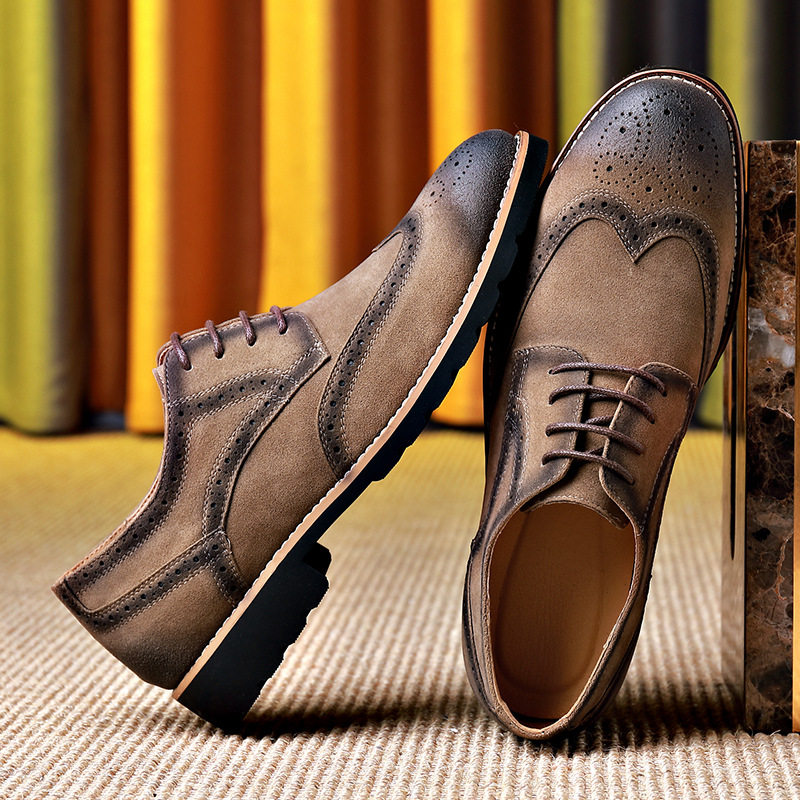Giày Brogue nam da lộn phong cách Anh, giày lười mũi nhọn đế cao su, phối chỉ khâu — 858 kaki, 858 màu nâu sẫm, 858 đen