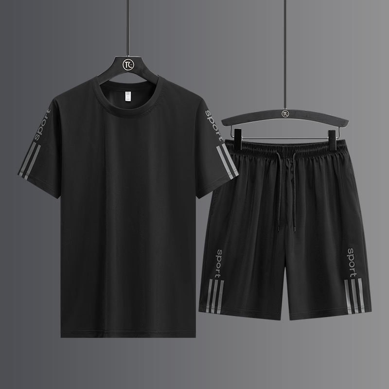 Trajes deportivos de hielo de verano para hombres, camisetas de dos piezas para hombres, pantalones casuales de hielo de manga corta para hombres, pantalones cortos de secado rápido para hombres, moda