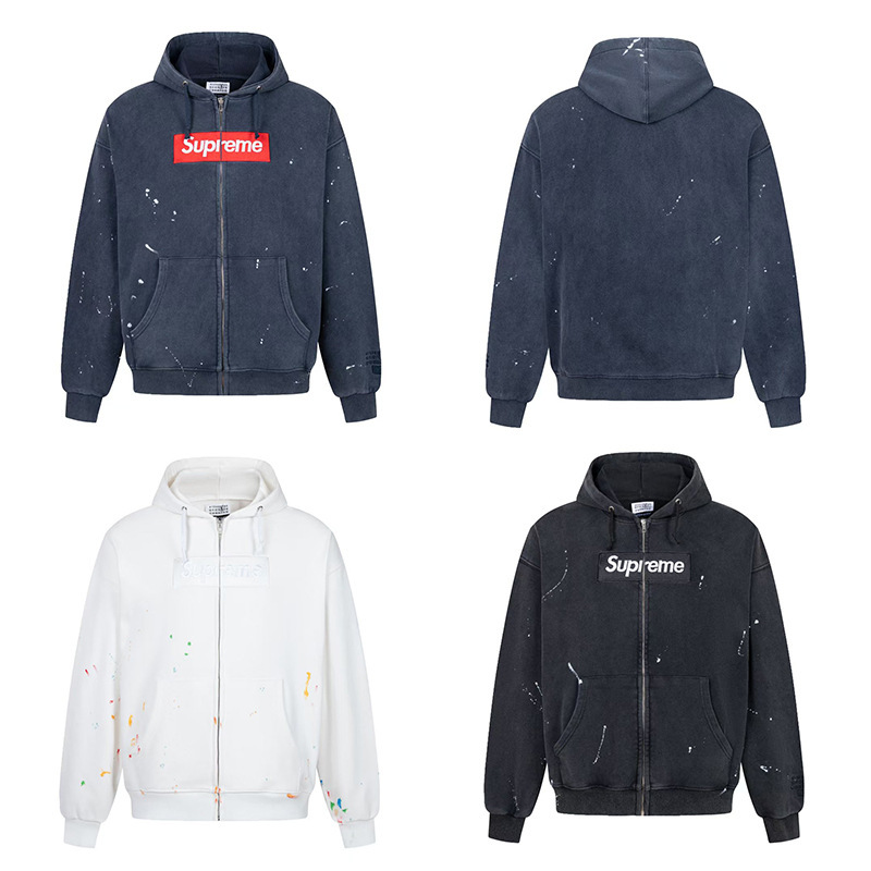 Supreme x Margiela MM6 embroidered hooded zip-up sweatshirt with washed ink splatter effect and fleece lining, unisex jacket