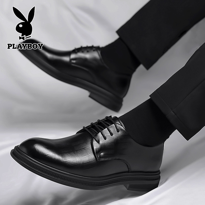 花花公子男鞋真皮春秋6cm内增高结婚男士新郎婚鞋商务正装皮鞋男
