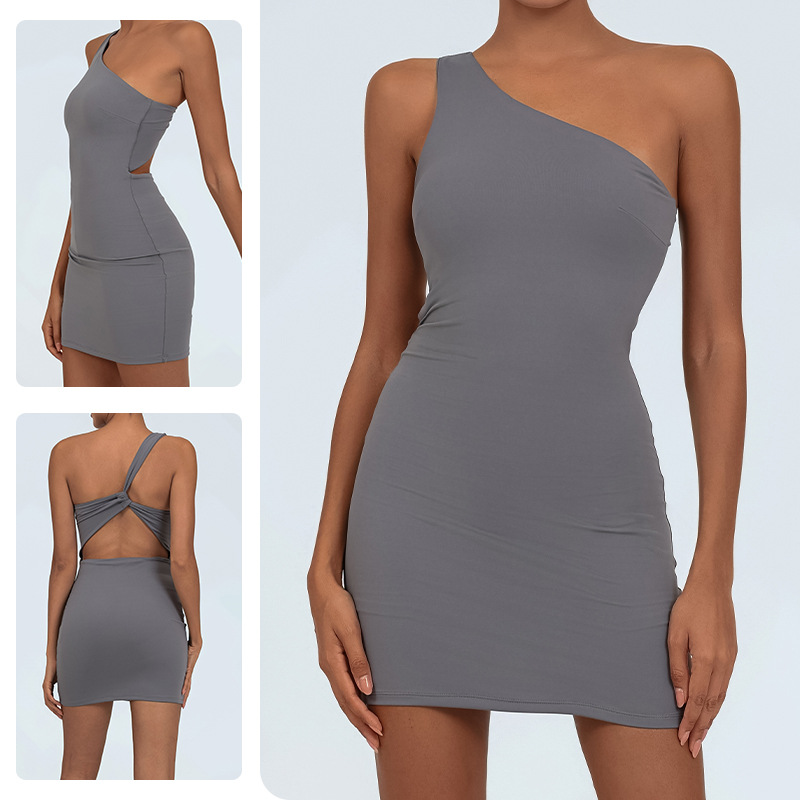 Vesta deportiva transfronteriza con almohadilla de pecho un solo hombro desnudo sensación de piel de yoga rápido seco acondicionamiento físico de belleza de espalda falda de tenis anti-luz