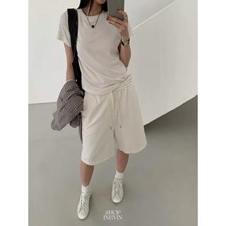inbyin松弛自在松紧腰系带休闲卫裤子女垂感宽松阔腿五分裤