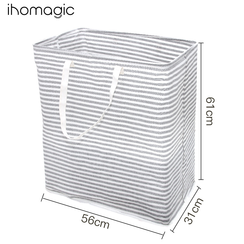 Independiente de lino a rayas cesta de lavandería de gran capacidad bolsa de almacenamiento portátil de almacenamiento plegable cesta de la ropa
