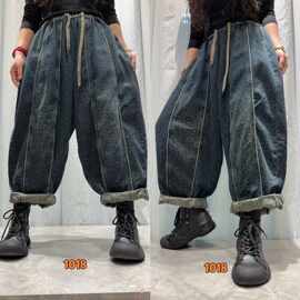 简梦嘻哈风牛仔裤 2026春季新款 印花拼接抽绳大版哈伦裤子女1018