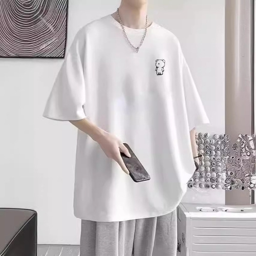 2024 Summer Ice Silk Short Sleeve Unisex T-Shirt with Print Small Label Round Neck Hoodie Trendy Versatile White T Hong Style