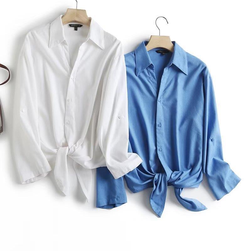 BM & MD & ZA Summer New Women's Front Knot Comfortable Loose Linen Casual Commuter Long Sleeve Shirt