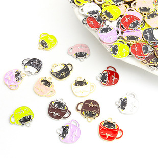 Cute Cartoon Coffee Cup Cat Oil Dripping Pendant Jewelry Accessories Piece Pendant Necklace Key Chain DIY Accessories