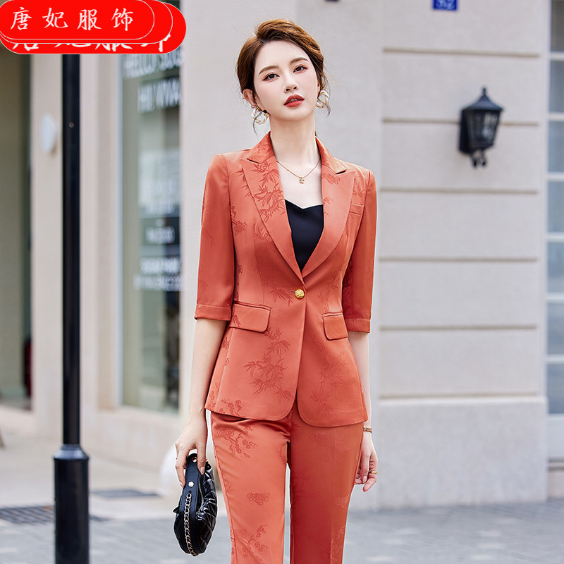 24 spring, summer and autumn New Orange professional break half sleeve small suit collar jacket women's pants two-piece suit 24 spring, summer and autumn New Orange professional break half sleeve small suit collar jacket women's pants two-piece suit