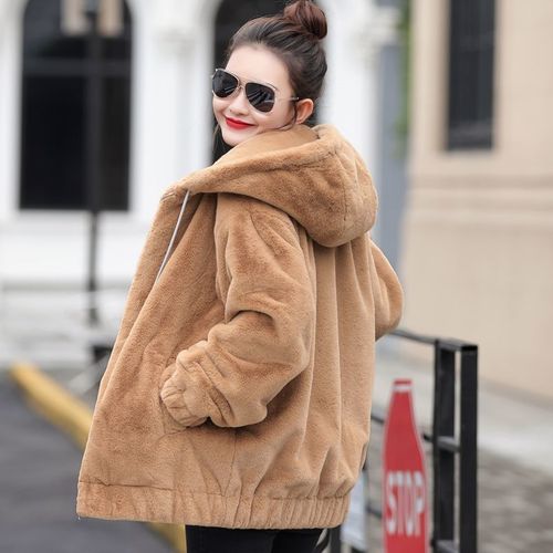 Women's Fleece Hooded Coat, Medium-Long Winter Korean Style Loose Plush Warm Long-Sleeved Fleece-lined Short Jacket