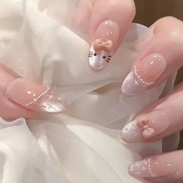 Pink Cat Water-Gloss Cat-Eye Manicure Wearable Nails Hand-Painted Cute Cat Student Version Fake Nails Removable