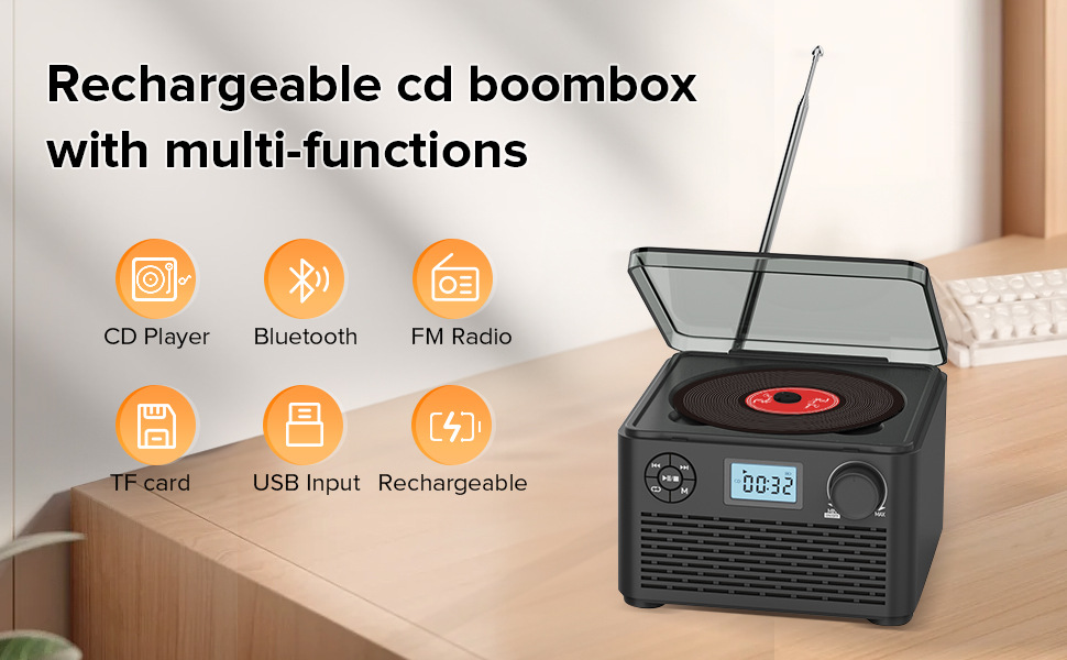 Draagbare cd-speler met bluetooth-luidsprekers, radio en usb_voghion.com