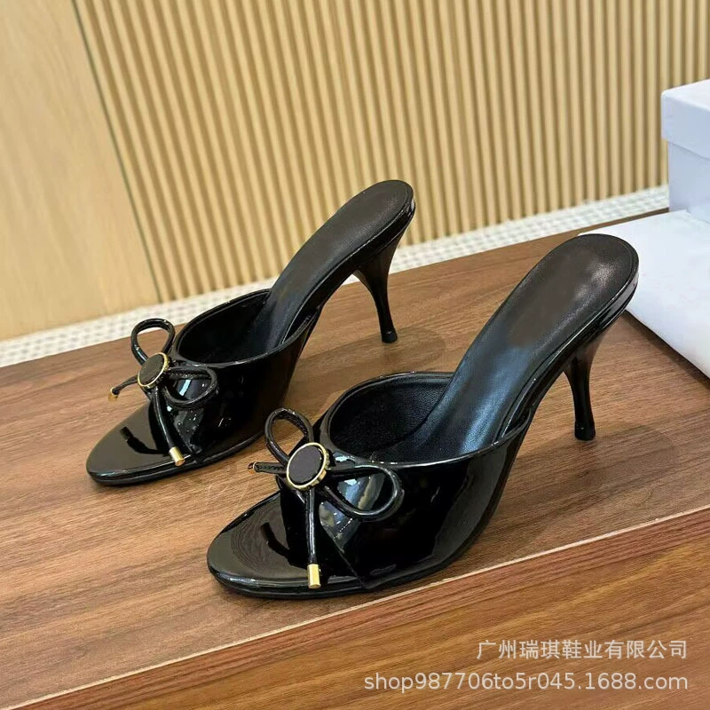 Summer high sandals with bow, genuine leather