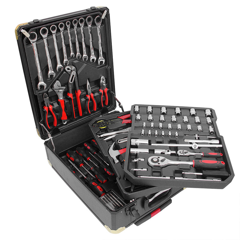 Juego de herramientas multifuncional de 186 piezas para reparación y mantenimiento automotriz doméstico con juego combinado de estuche con ruedas y llaves de tubo.