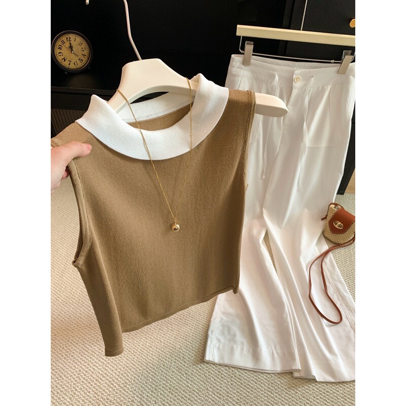 Commuting French-Style Elegant Sleeveless Knit Top 2026 Summer New Versatile Slimming Color-Block Draped Ruched Collar Blouse