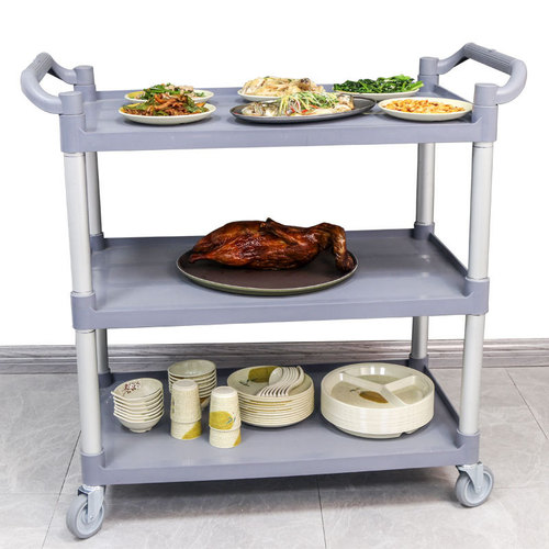 Multifunctional tray cart, dish carrier, plastic three-layer restaurant, hotel, diningware trolley, food delivery cart, clearing cart