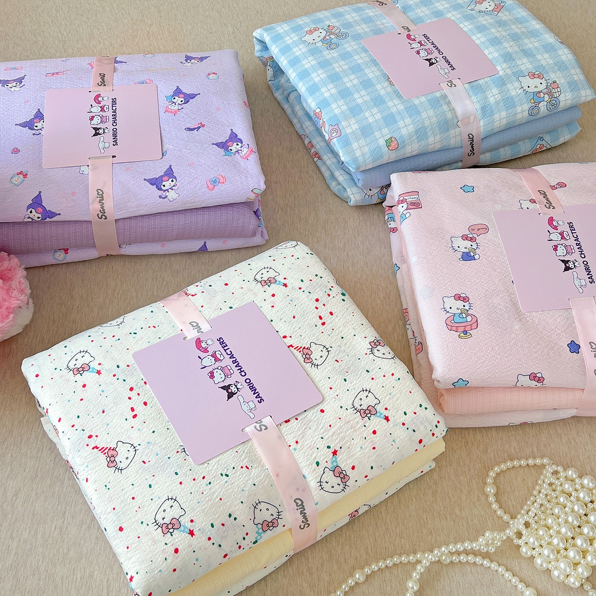 Sanrio Genuine Authorized Hellokitty Cartoon Bed Bed Sheets Quilt Cover Student Three-Piece Cloud-Sense Double-Layer Yarn Set