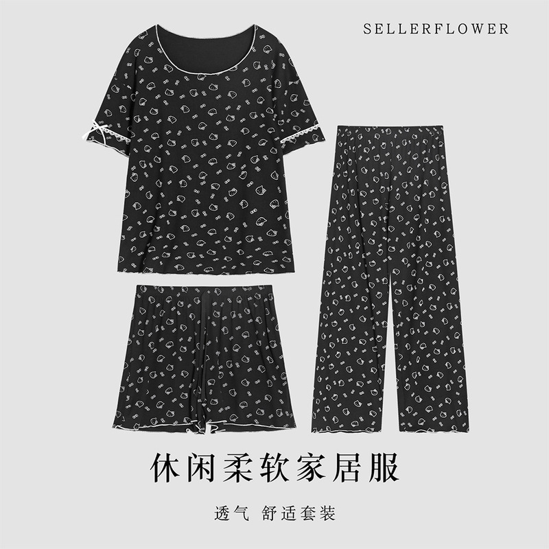 Water Beautiful Flower Modal Home Clothes Three-piece Set Women's Pajamas Plus Size Elastic Summer Breathable Pajama Shorts Thin