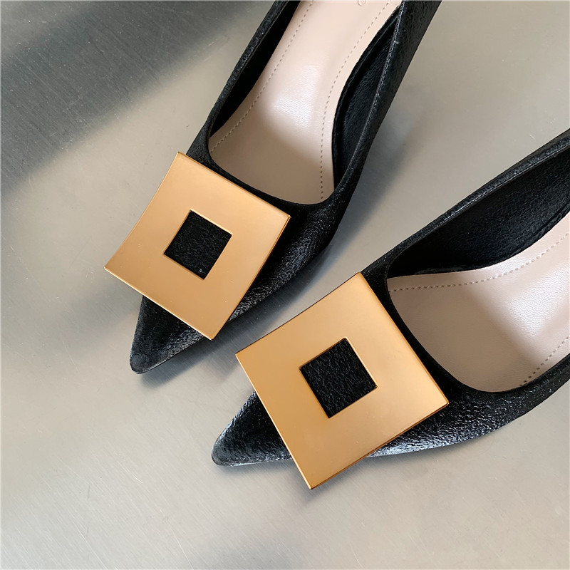 Pointed Toe Metal Square Buckle Shallow Mouth Stiletto High Heel Shoes NSSO107866