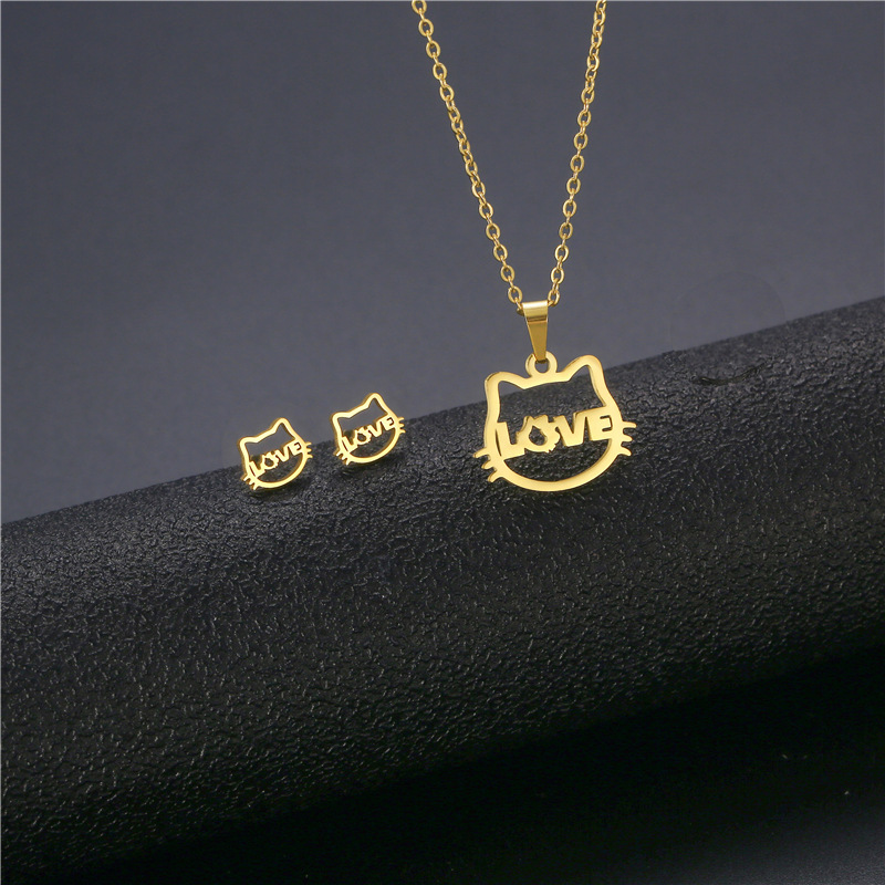 Cat Pendant Necklace Three-Piece Earrings Set Kitten Love Sweater Chain Womenu0027s Gold-Plated Fash