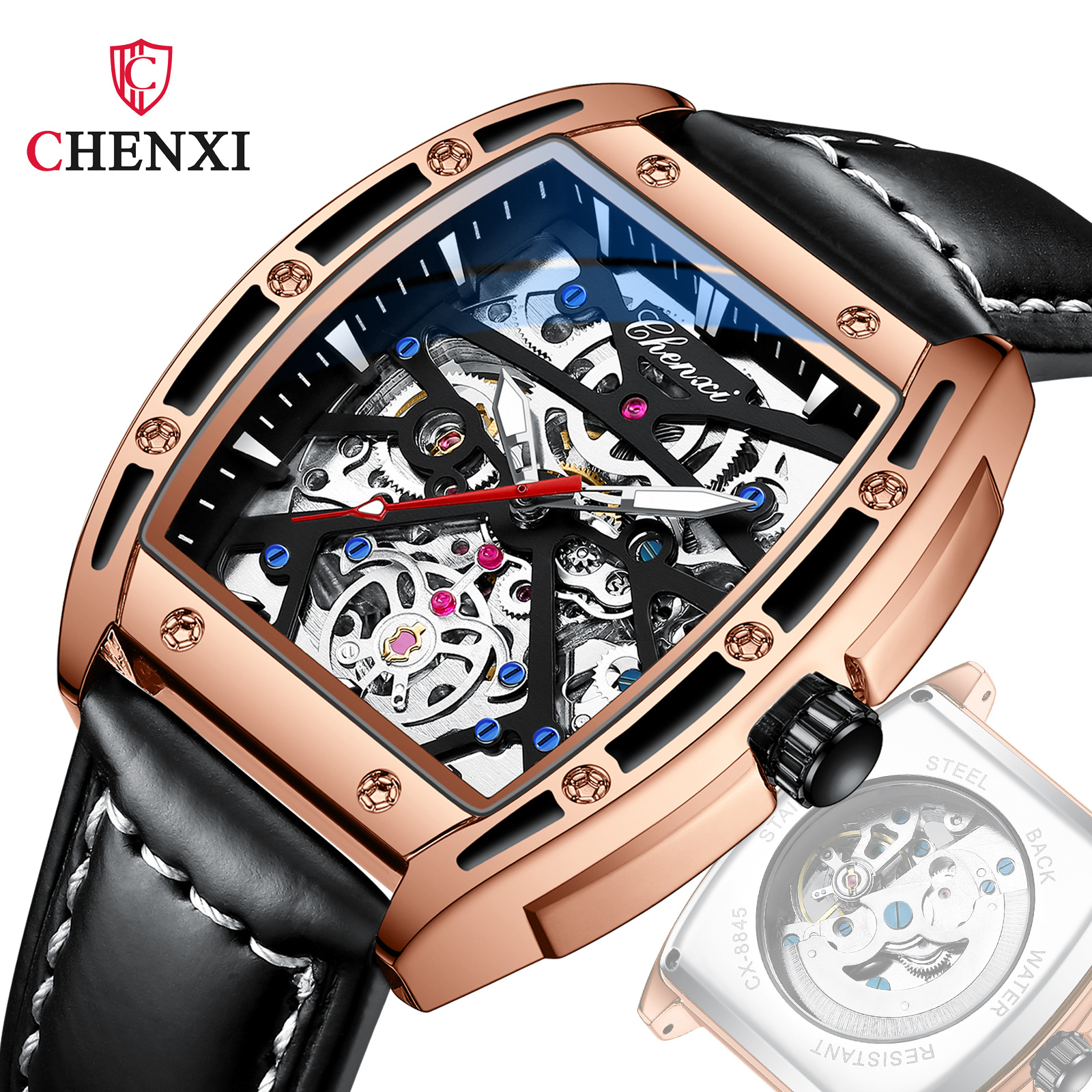 Chenxi watch men's mechanical wholesale barrel-shaped hollow fully automatic leather waterproof luminous watch for men