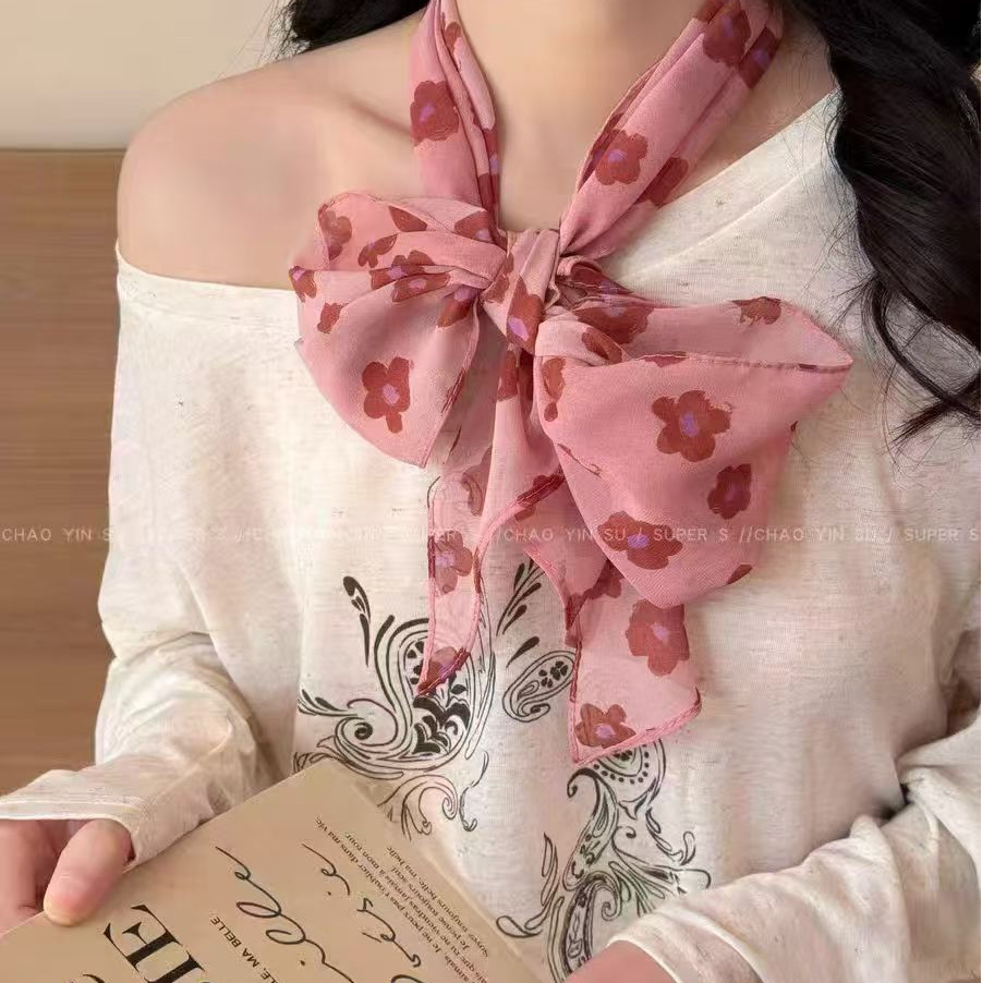 33# bean paste pink flower silk scarf-180cm